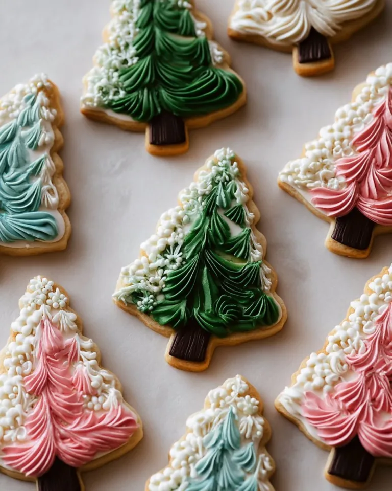 Decorated tree cookies showcasing creative nature-inspired designs for festive treats.