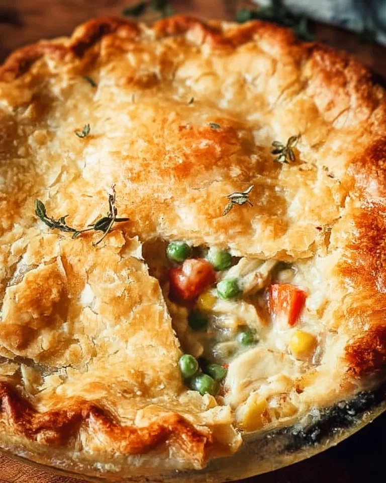 Delicious 4-ingredient chicken pot pie served with a golden flaky crust.