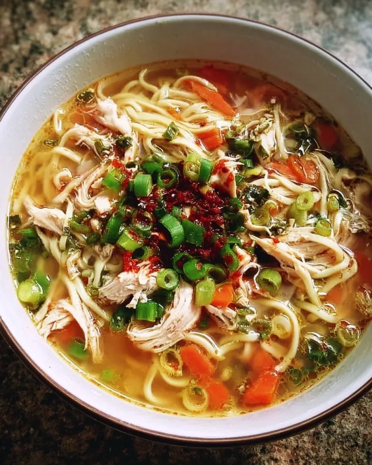 A bowl of aromatic ginger garlic chicken noodle soup garnished with herbs