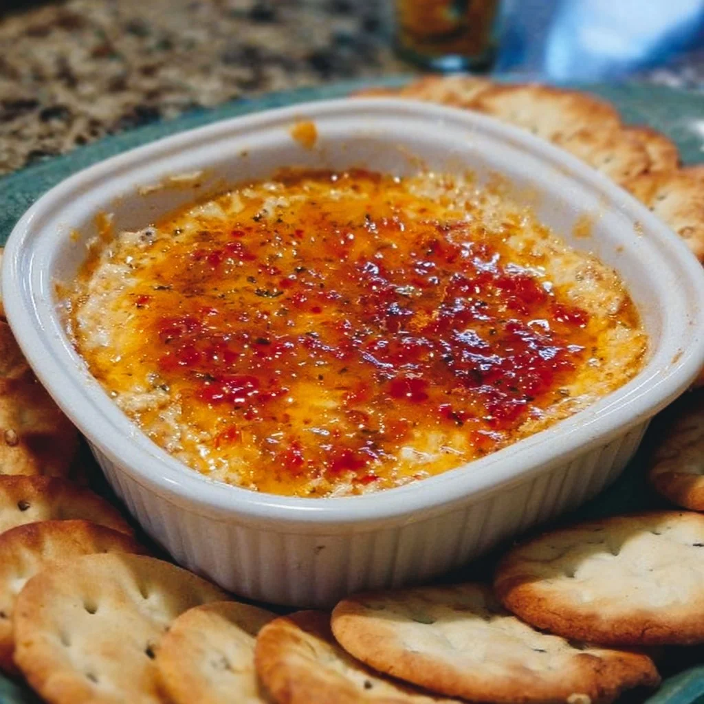 Baked pepper jelly cheese dip served in a stylish dish with crackers