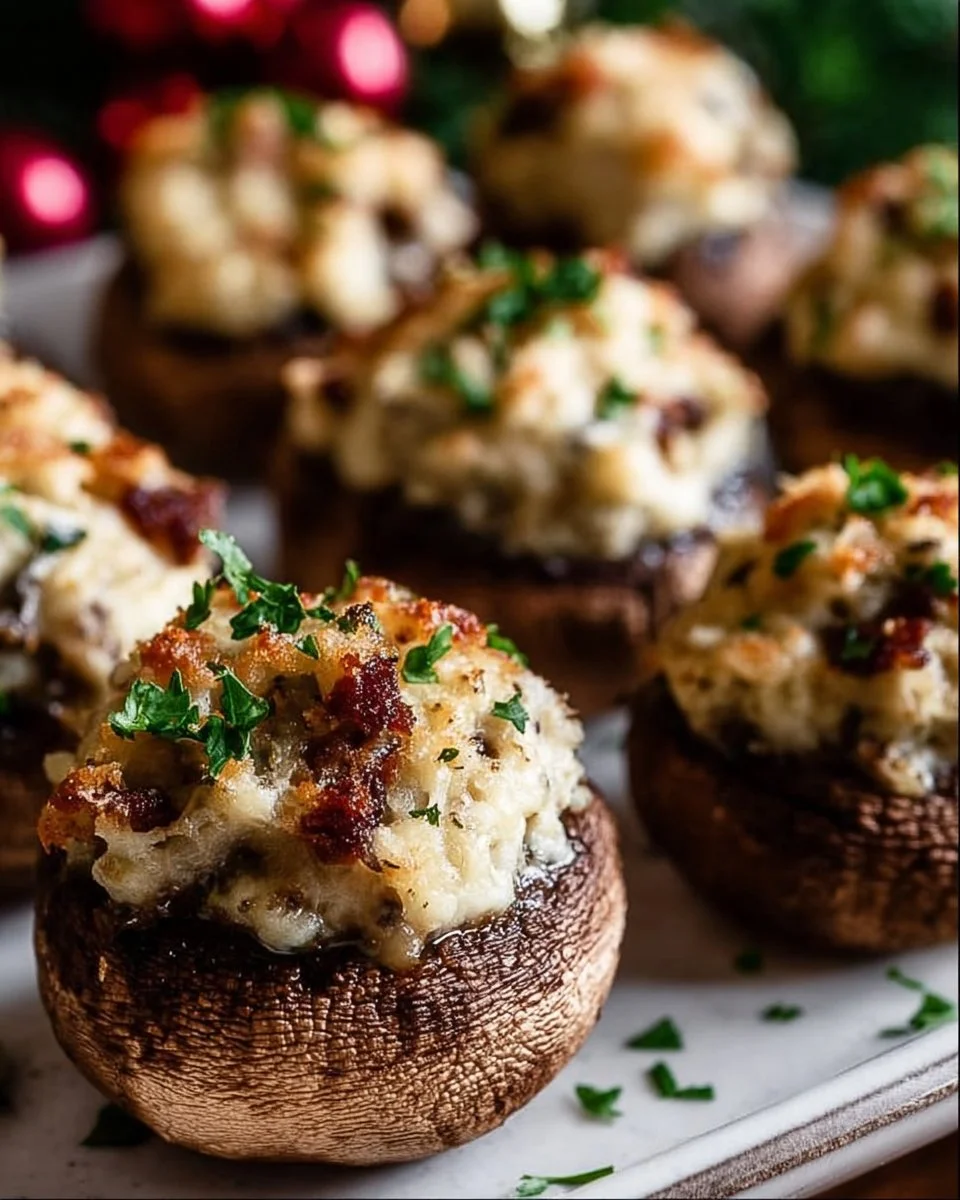 Delicious Christmas stuffed mushrooms ready for the holiday feast.