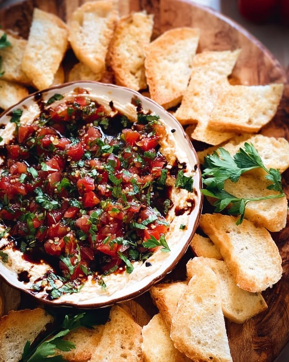 Delicious Bruschetta Dip served in a bowl with fresh toppings and bread.