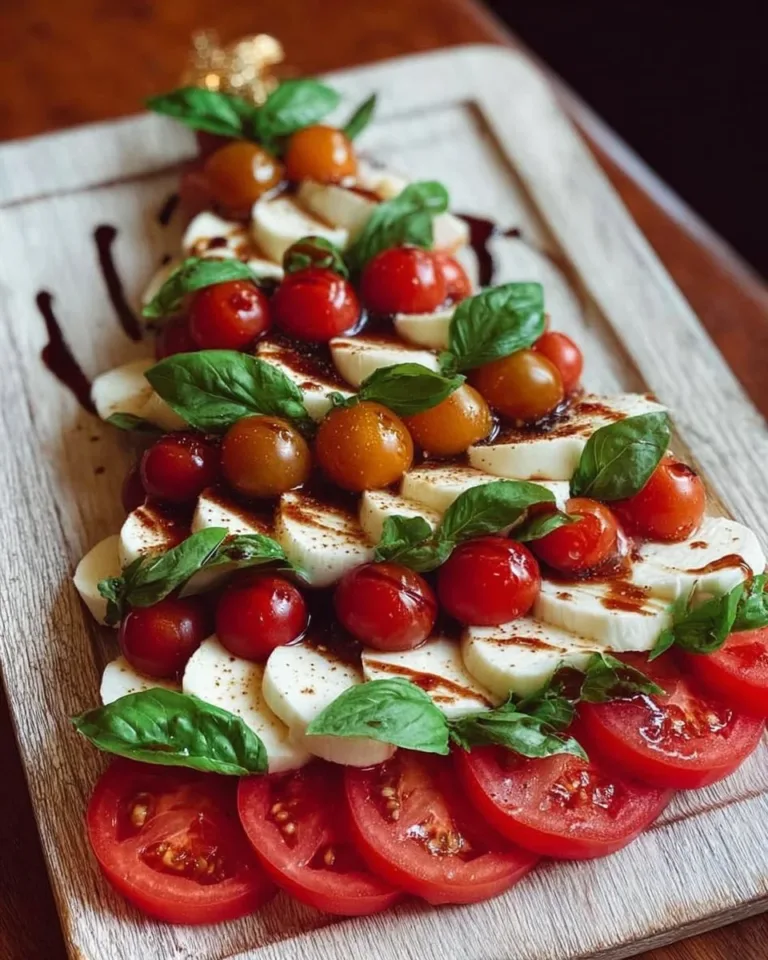 Festive Caprese Christmas Tree made with mozzarella, tomatoes, and basil