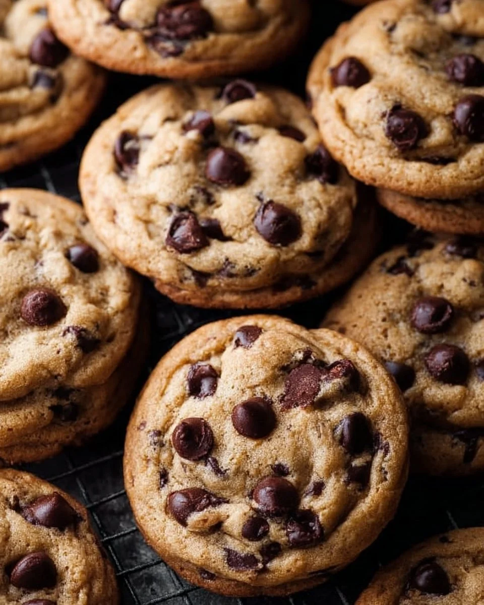 Freshly baked chocolate chip cookies on a cooling rack
