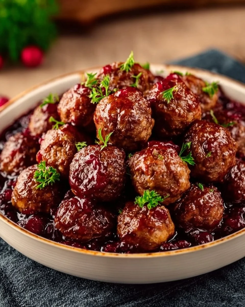 Delicious Christmas Cranberry Meatballs served on a festive platter.