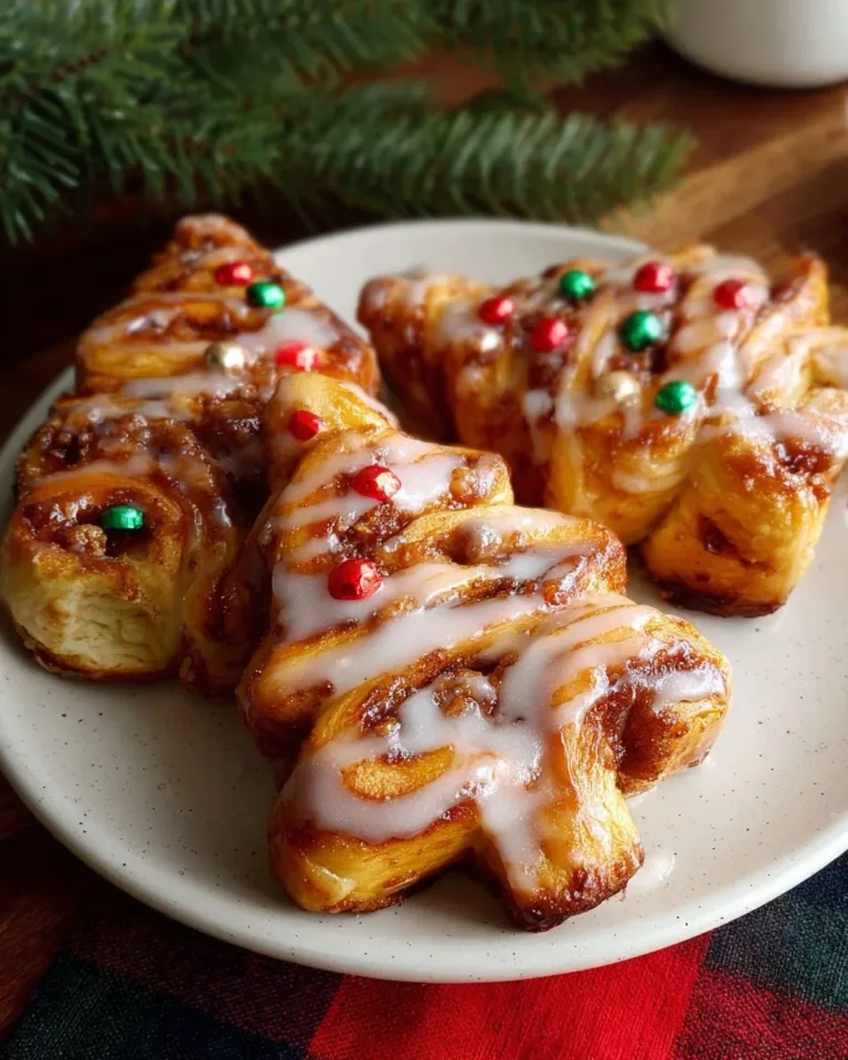 Festively shaped Christmas Tree Cinnamon Rolls decorated with icing