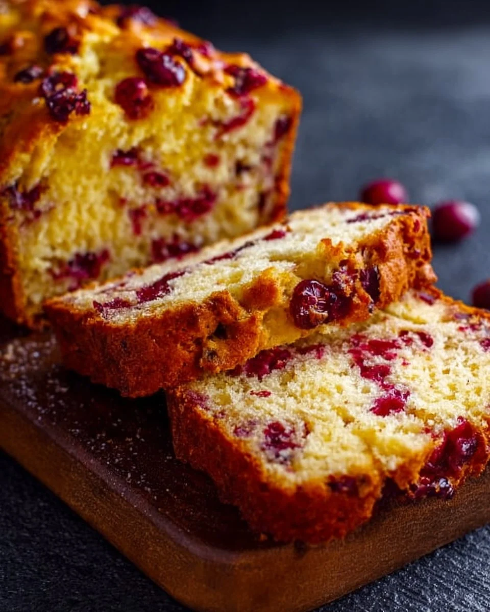 Loaf of freshly baked Cranberry Orange Bread with cranberries and orange zest