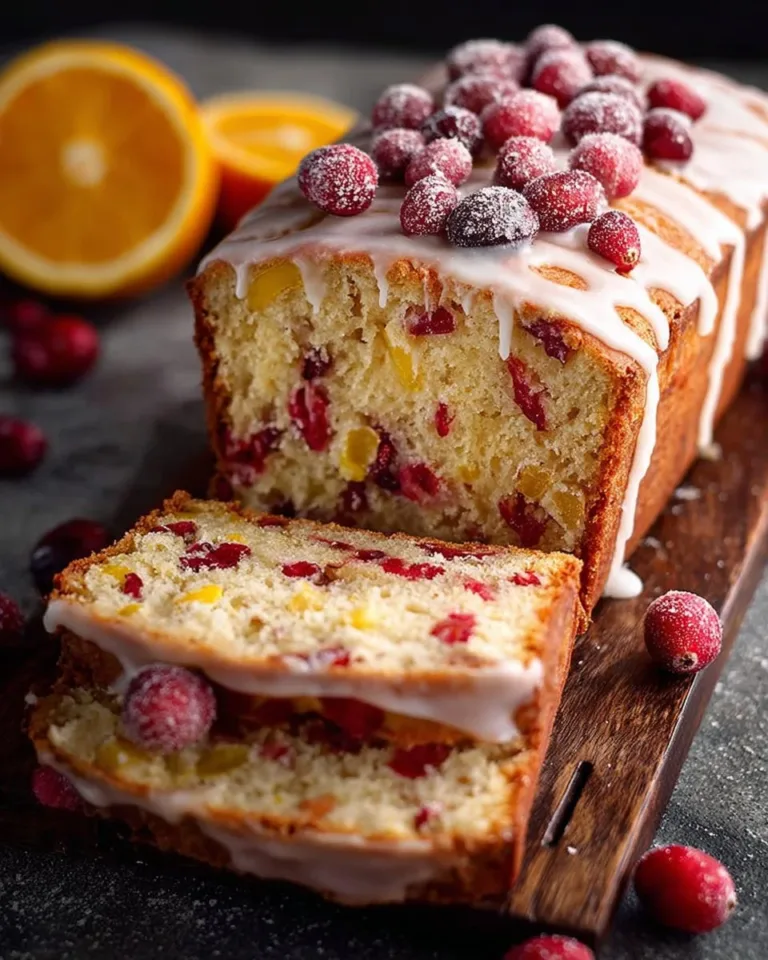 Homemade Cranberry Orange Loaf garnished with fresh cranberries and oranges