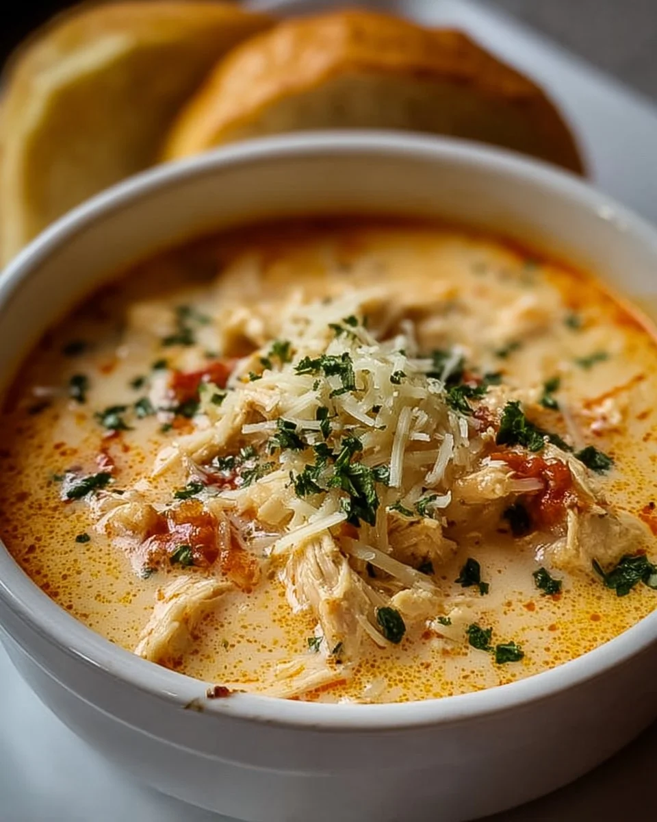 Crock Pot Creamy Chicken Parmesan Soup in a bowl with fresh herbs on top.