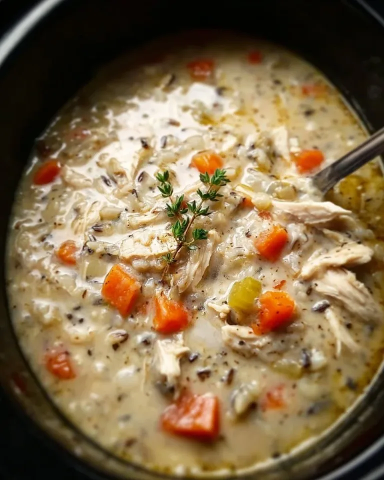 Crockpot chicken and wild rice soup served in a bowl with fresh herbs