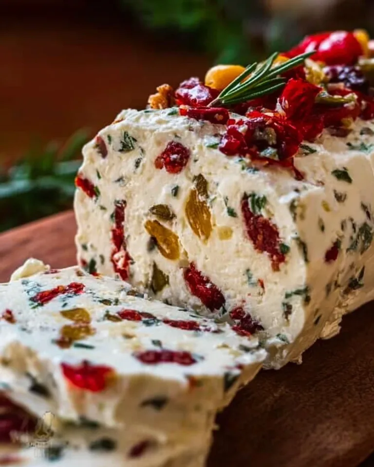 Festive holiday antipasto cream cheese log with olives and peppers on a platter