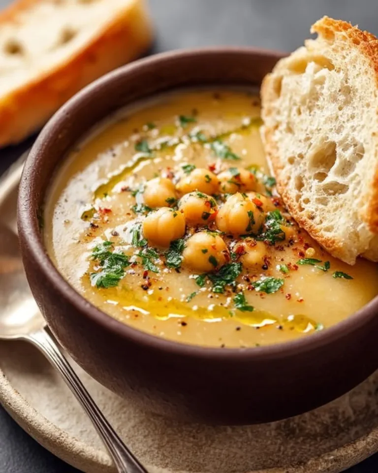 A bowl of Garlic Chickpea Soup garnished with herbs and spices