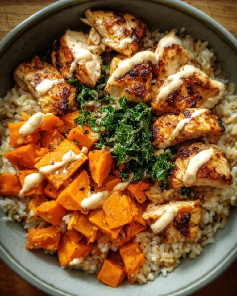 Healthy chicken rice bowl with sweet potatoes and vibrant vegetables