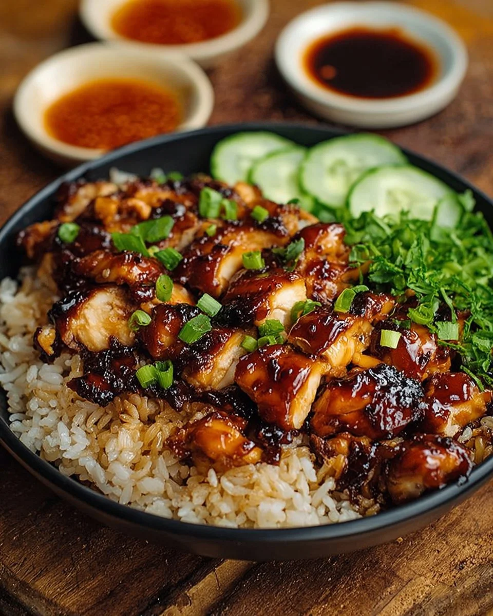 Plate of Honey BBQ Chicken served with fluffy rice and fresh vegetables