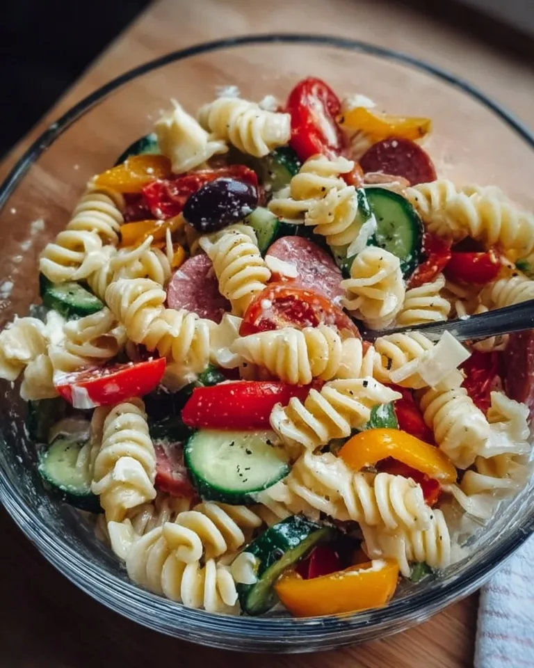 Delicious Italian pasta salad with fresh vegetables and herbs