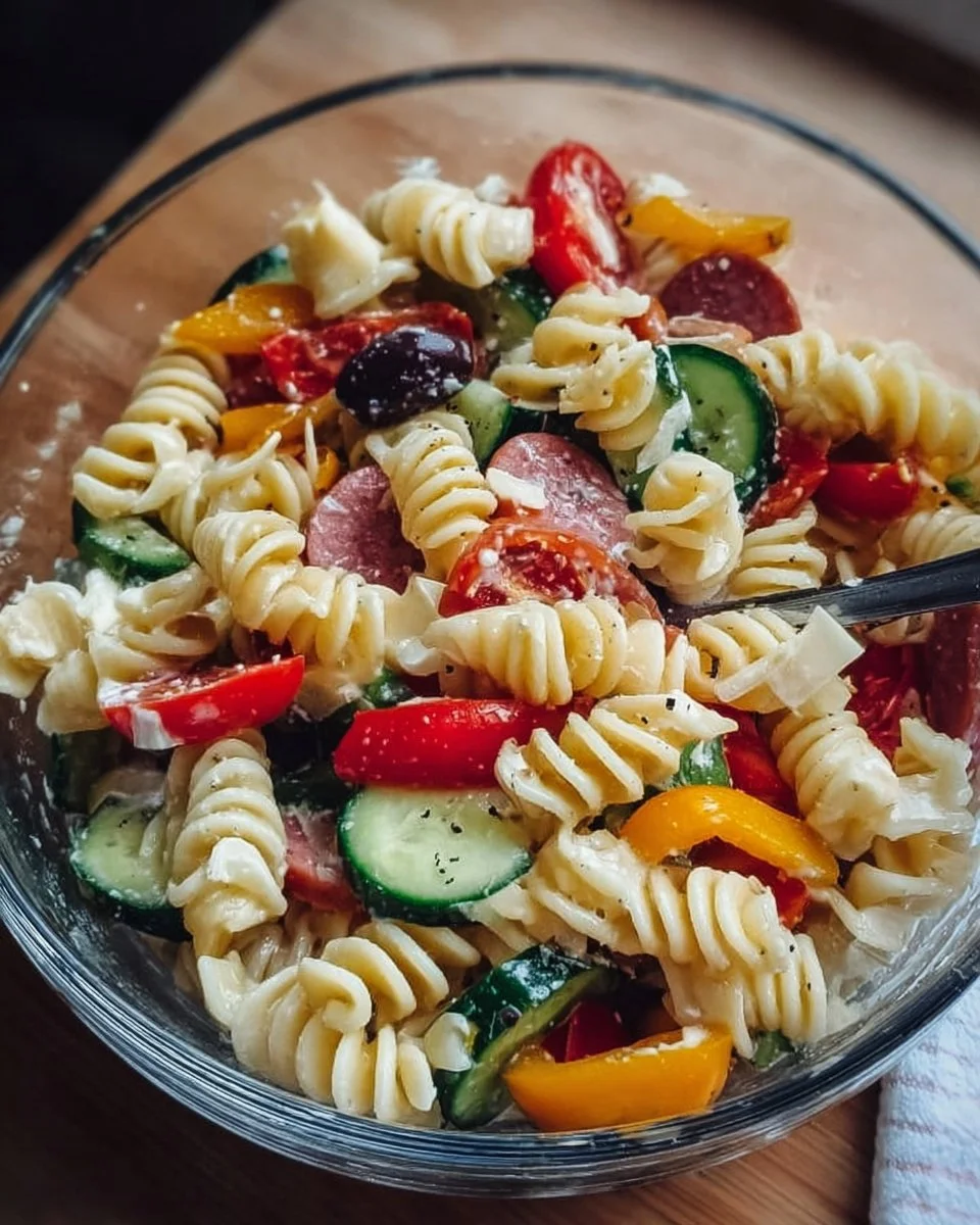 Delicious Italian pasta salad with fresh vegetables and herbs