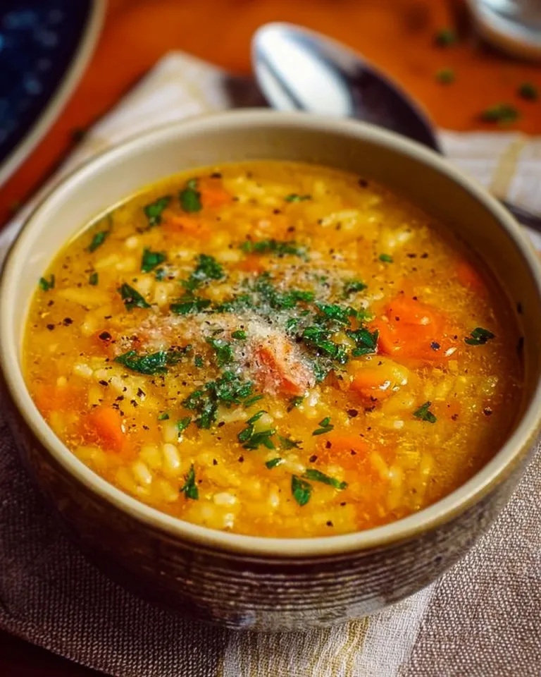A bowl of Italian Penicillin Soup garnished with herbs and vegetables