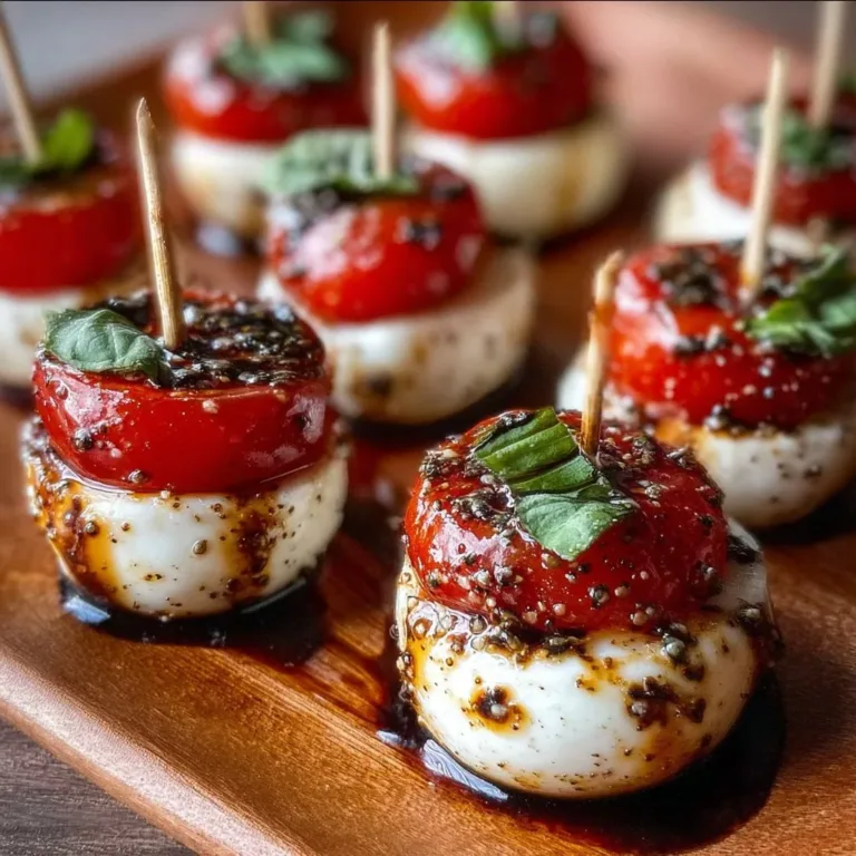 Mini Caprese Bites with mozzarella, tomatoes, and basil on skewers