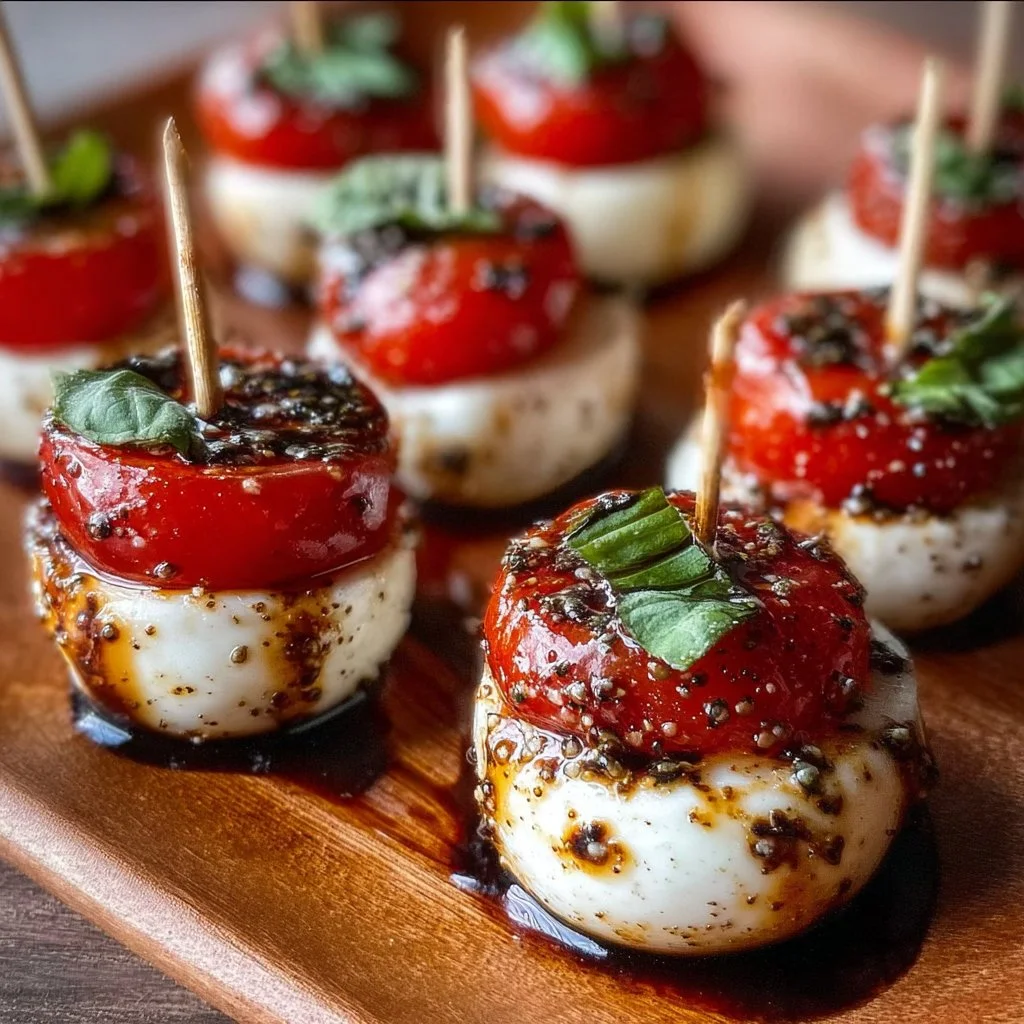 Mini Caprese Bites with mozzarella, tomatoes, and basil on skewers