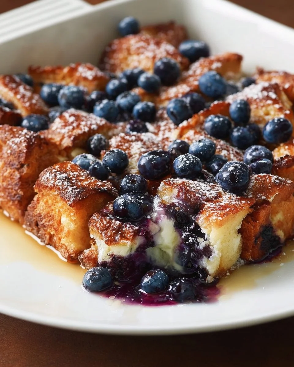 Delicious blueberry French toast casserole baked to perfection.