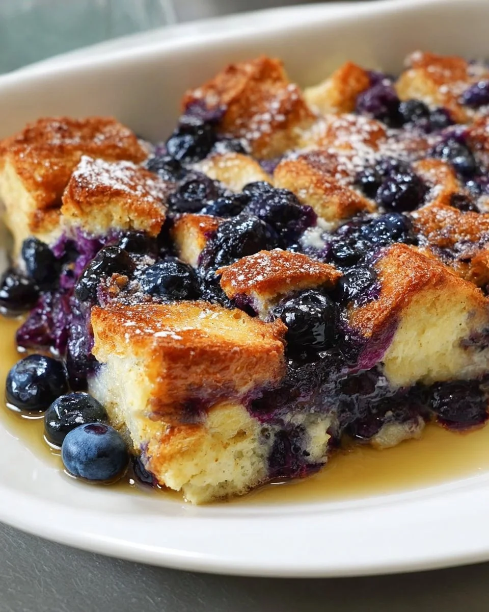 Delicious Blueberry French Toast Casserole served with fresh blueberries