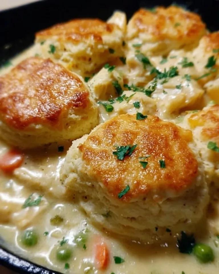 A flavorful Red Lobster Biscuit Chicken Pot Pie topped with flaky biscuits and fresh ingredients.