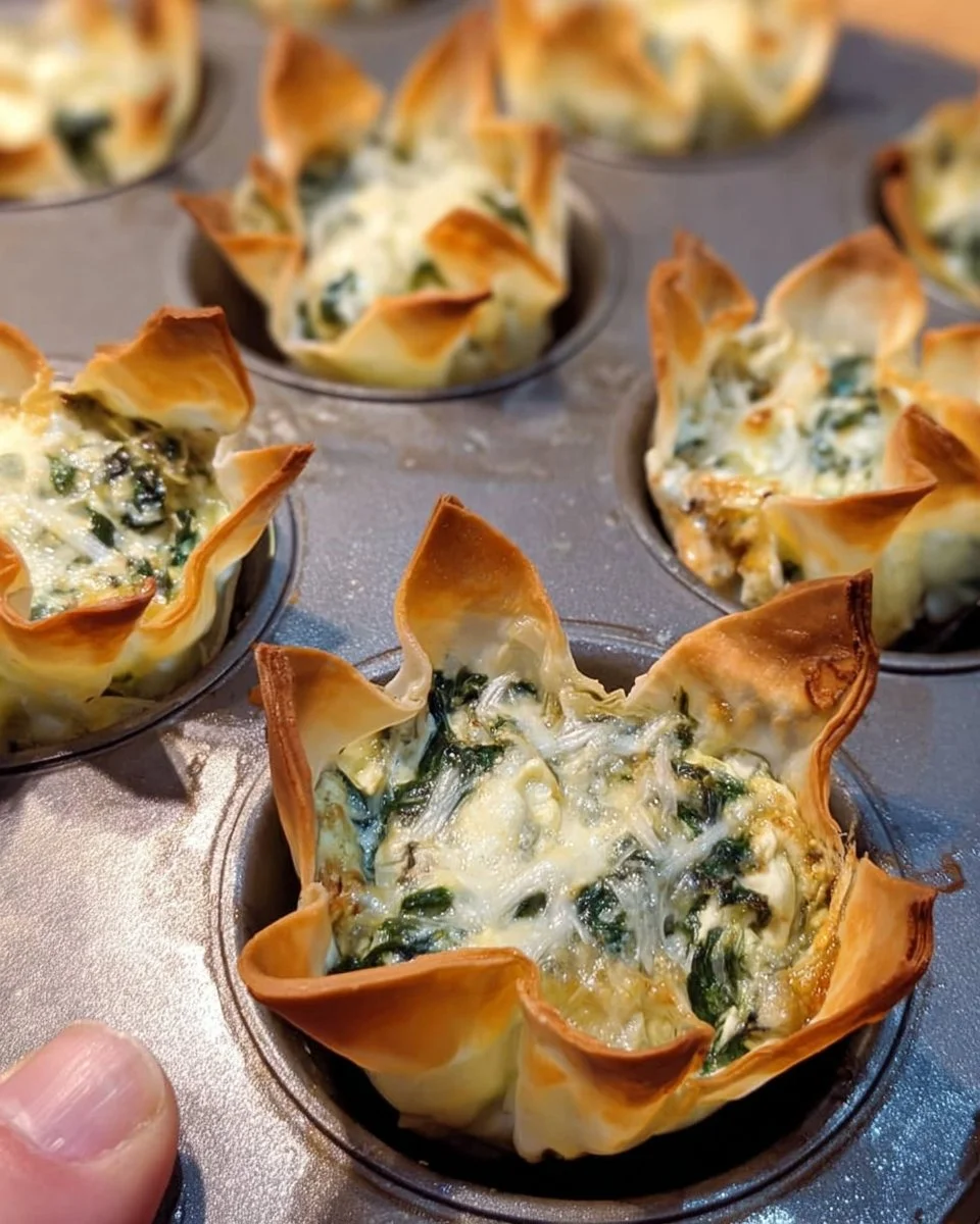 Delicious spinach and artichoke wonton cups on a serving platter
