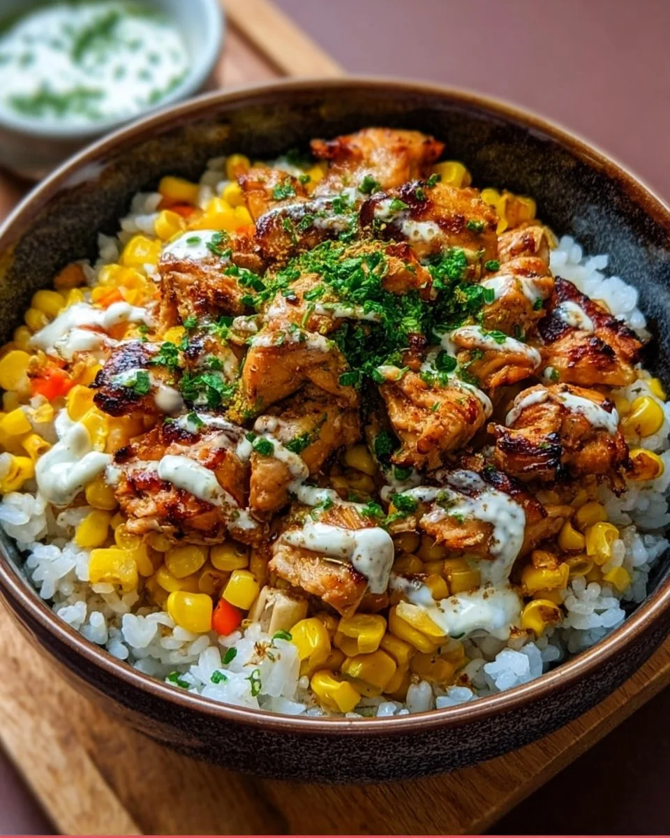 Delicious Street Corn Chicken Rice Bowl topped with fresh ingredients