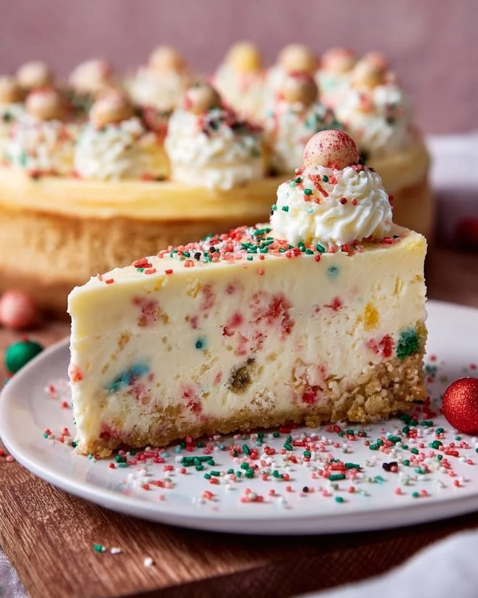 Delicious slice of Sugar Cookie Cheesecake topped with colorful sprinkles
