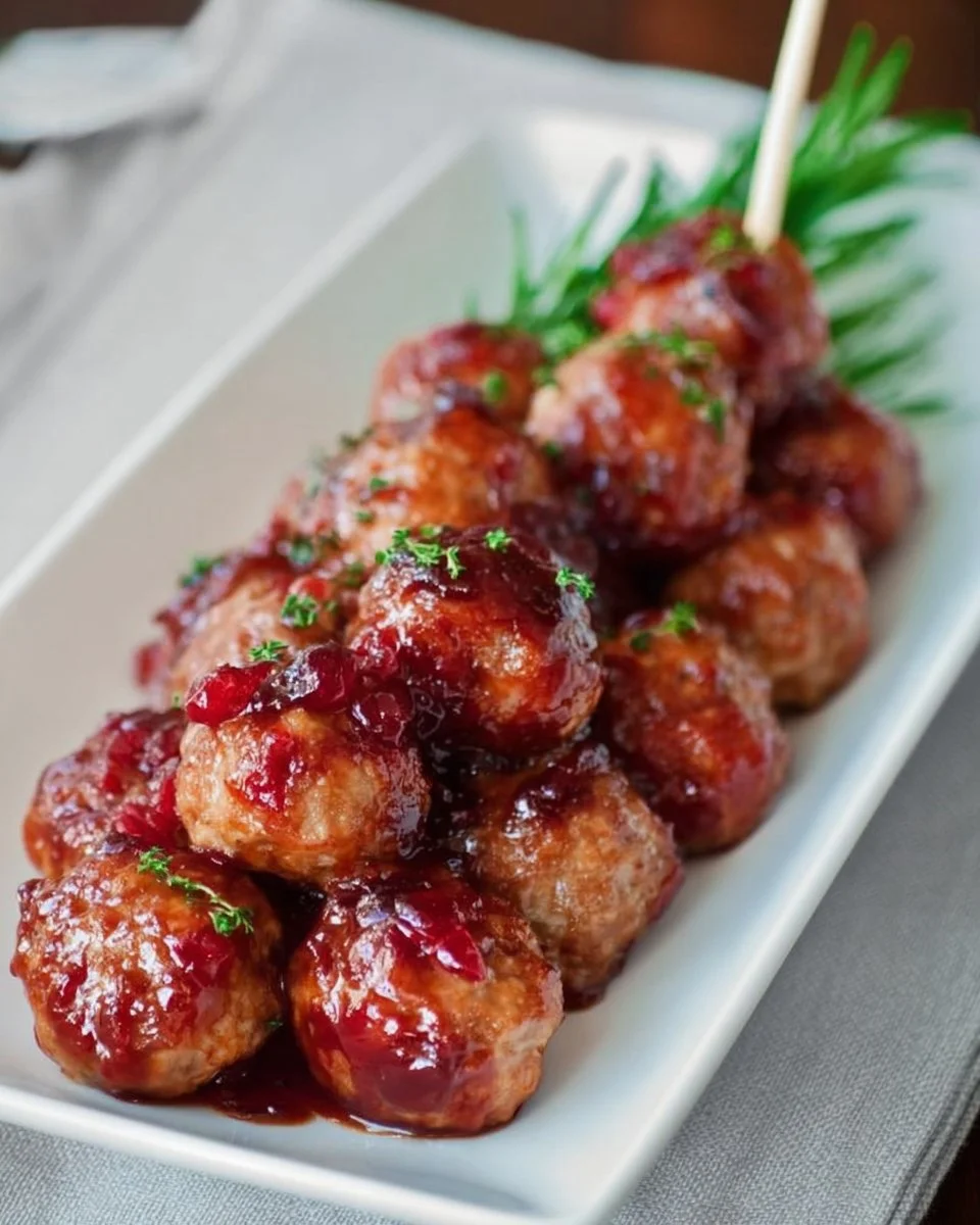 Sweet & Spicy Cranberry Orange BBQ Meatballs served on a platter