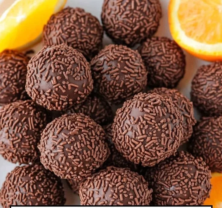 Tasty orange chocolate Christmas truffles on a festive table