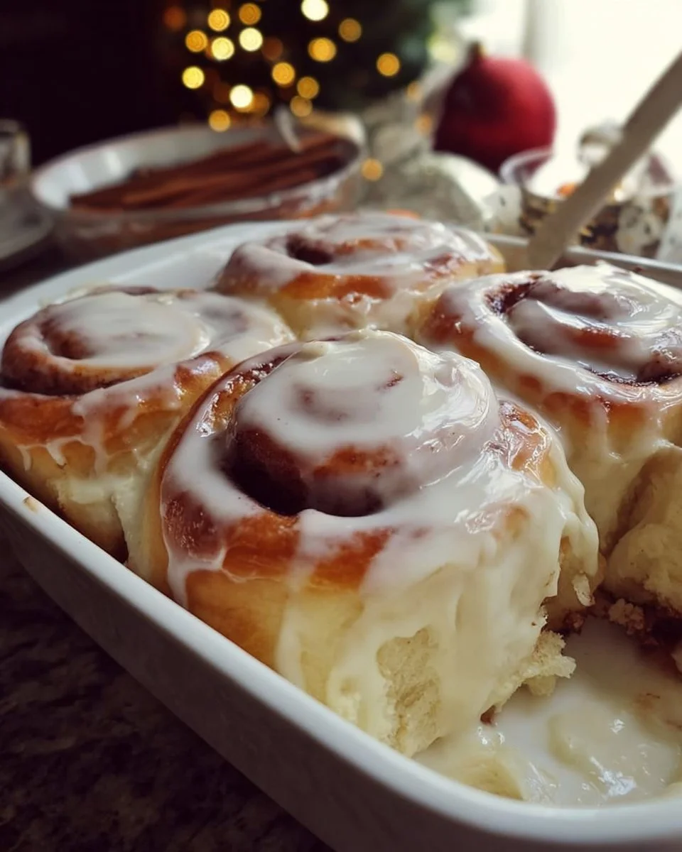 Delicious homemade cinnamon rolls with icing on top.
