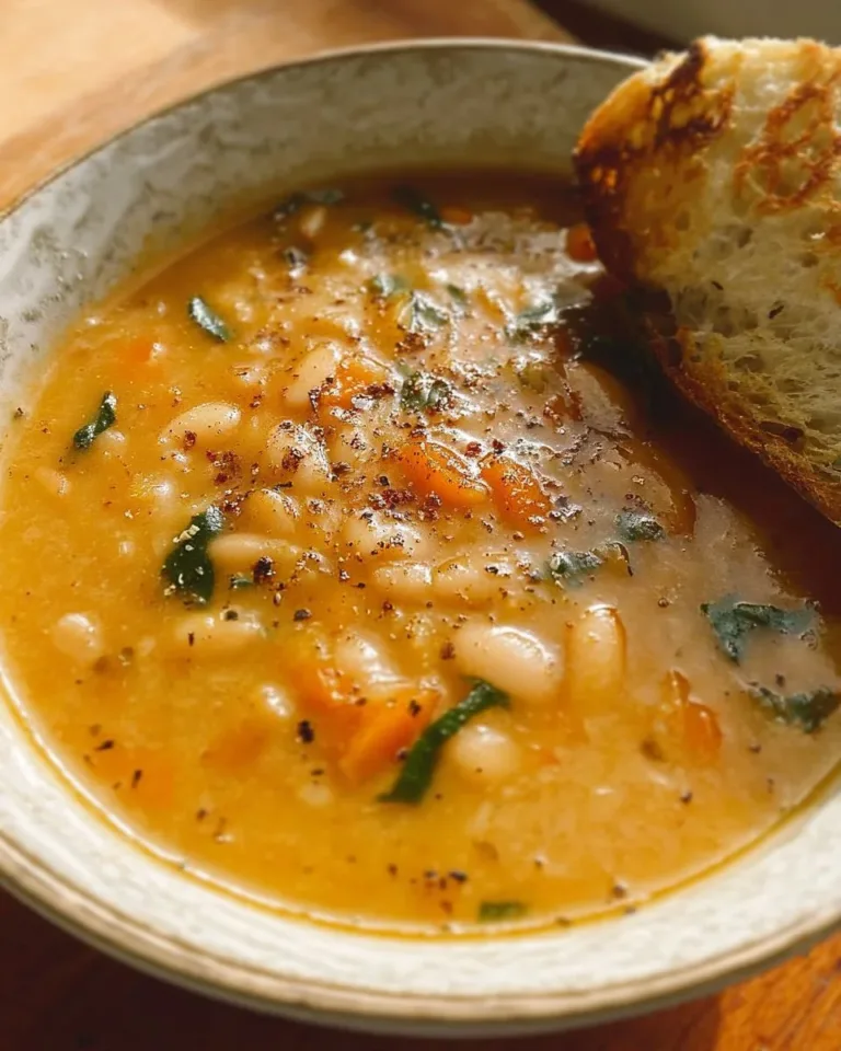 Bowl of hearty white bean soup garnished with herbs and served with bread.