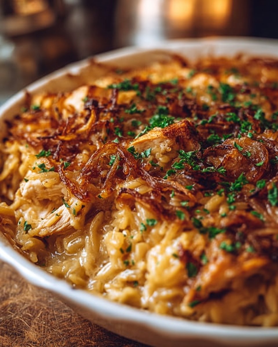 French Onion Chicken Orzo Casserole