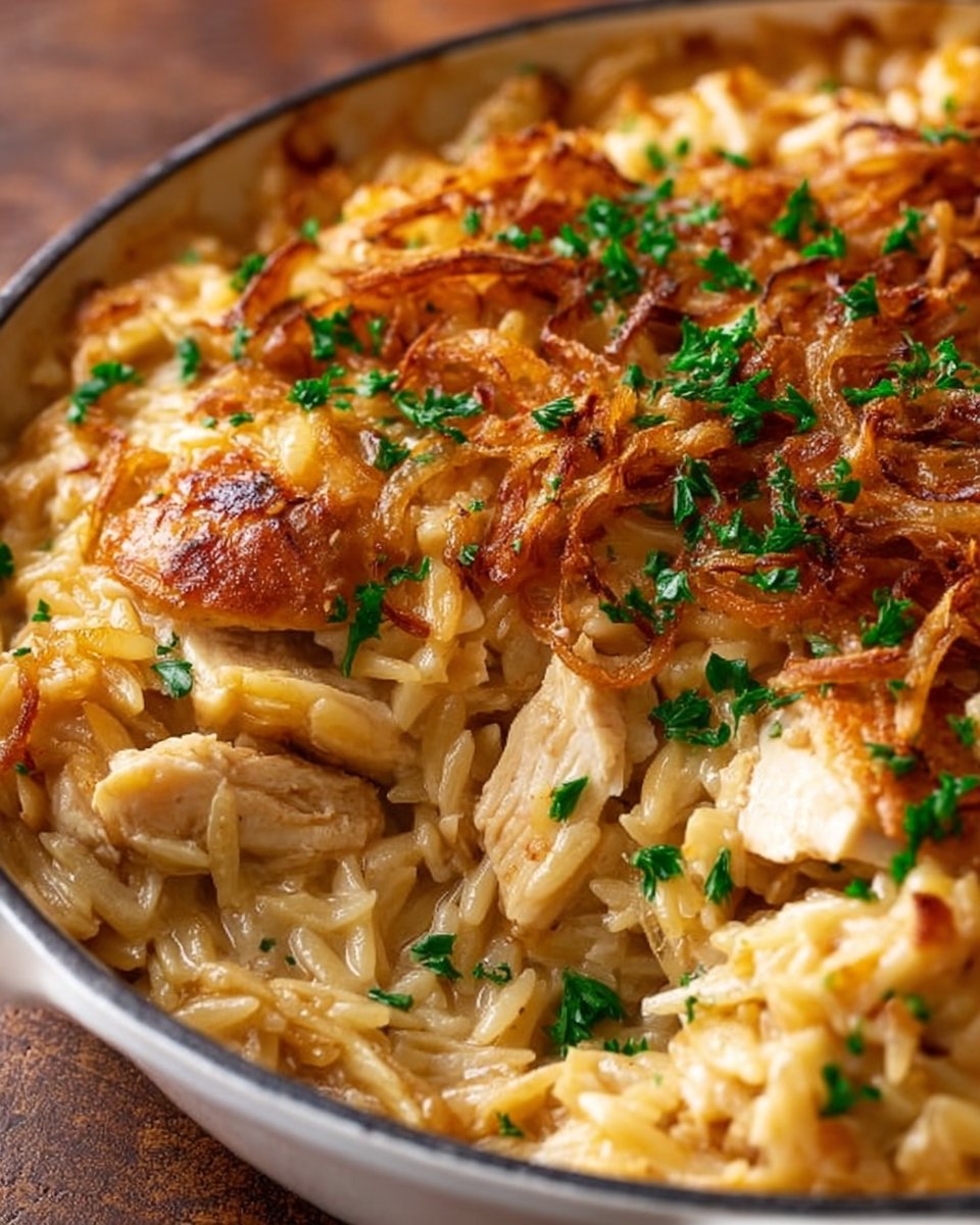 French Onion Chicken Orzo Casserole