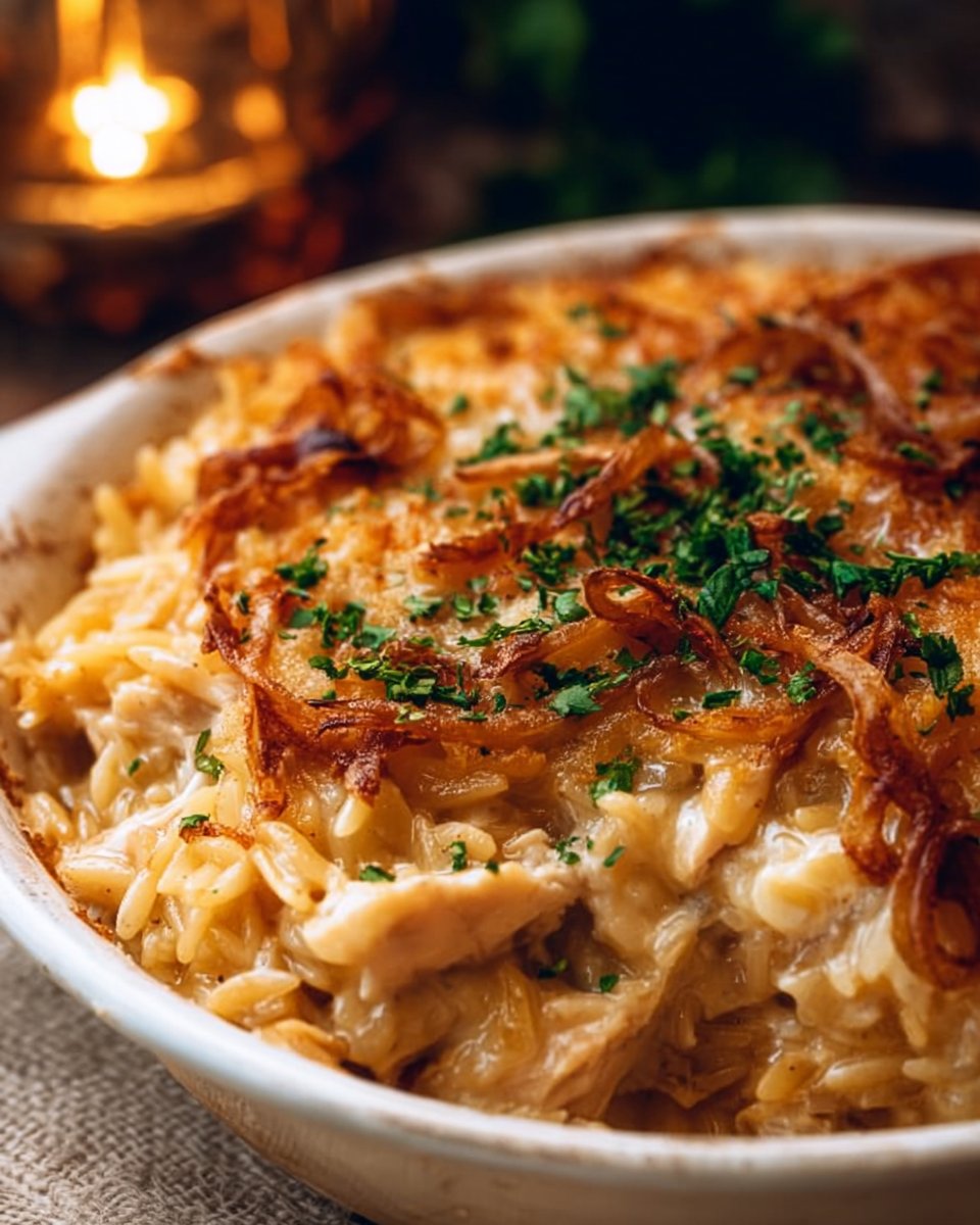 French Onion Chicken Orzo Casserole