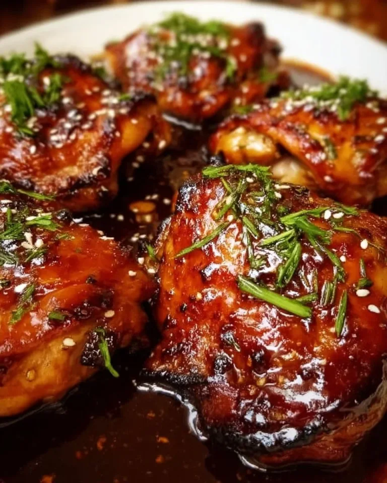 Baked honey soy chicken thighs garnished with herbs on a wooden table