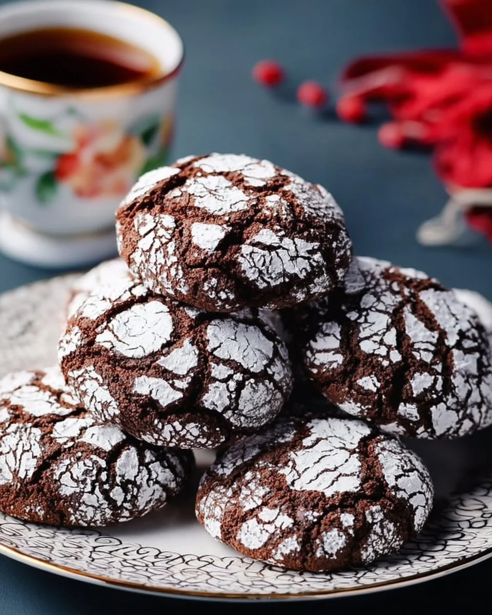 Plate of delicious Espresso Chocolate Crinkle Cookies with a rich chocolate look.