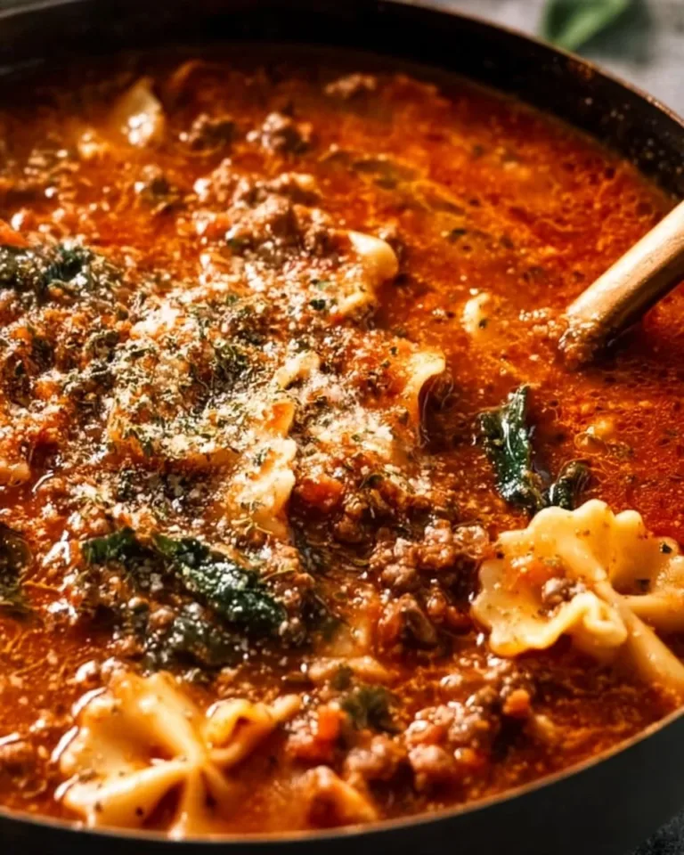 Delicious one-pot lasagna soup garnished with herbs in a bowl