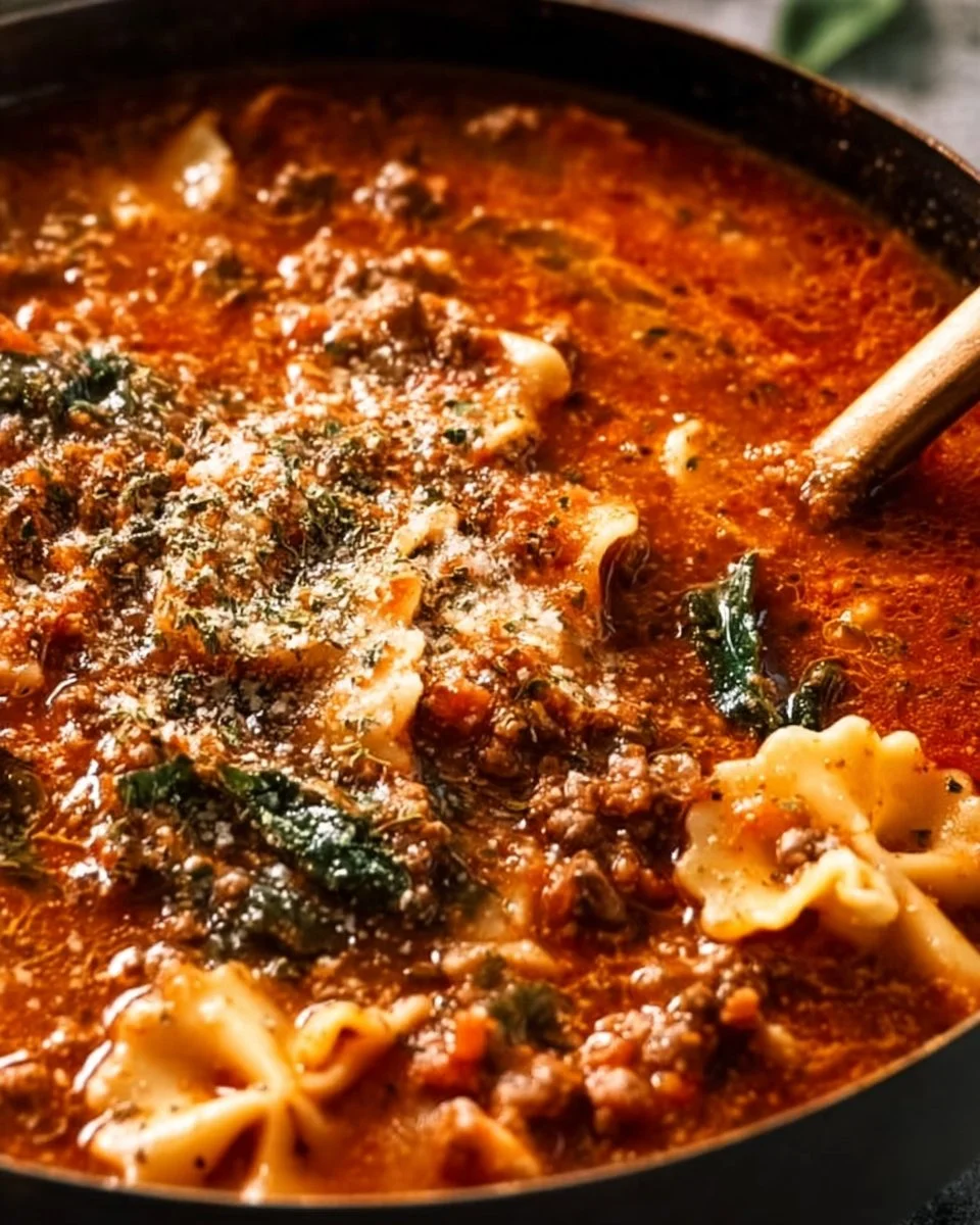 Delicious one-pot lasagna soup garnished with herbs in a bowl