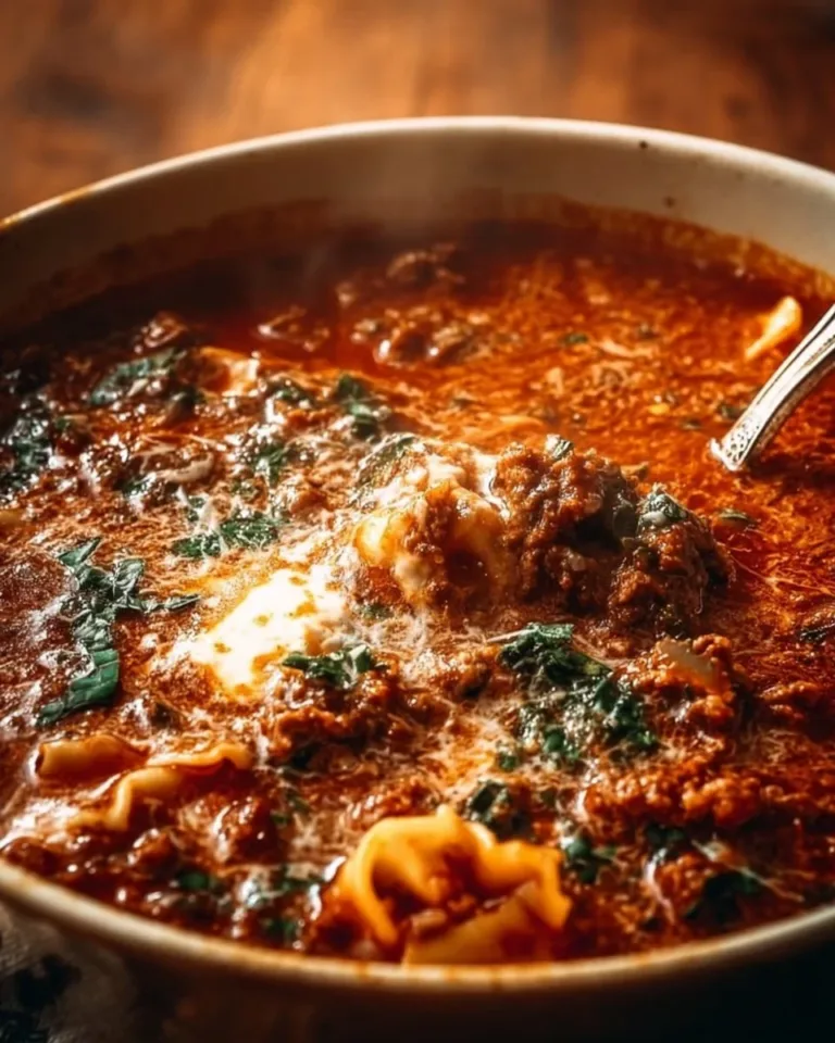 A warm bowl of one-pot lasagna soup topped with cheese and herbs.