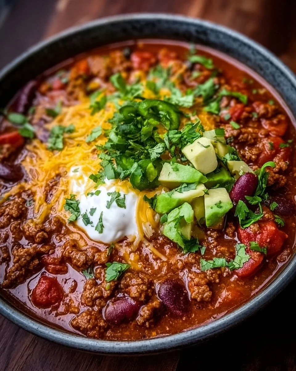 Delicious stovetop chili made with ground beef, beans, and spices in a pot.