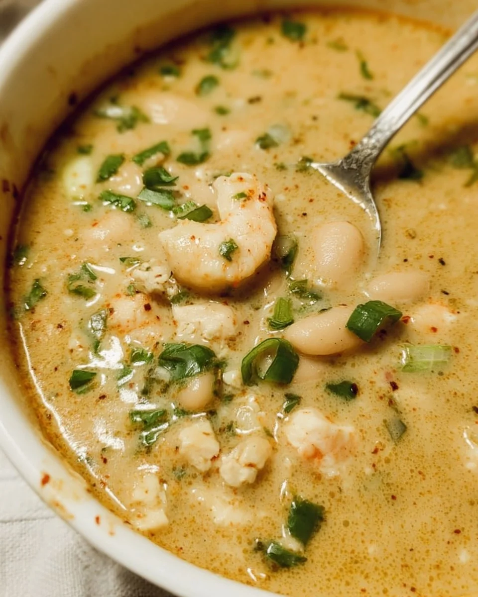 Delicious bowl of the best white chili topped with fresh herbs and cheese