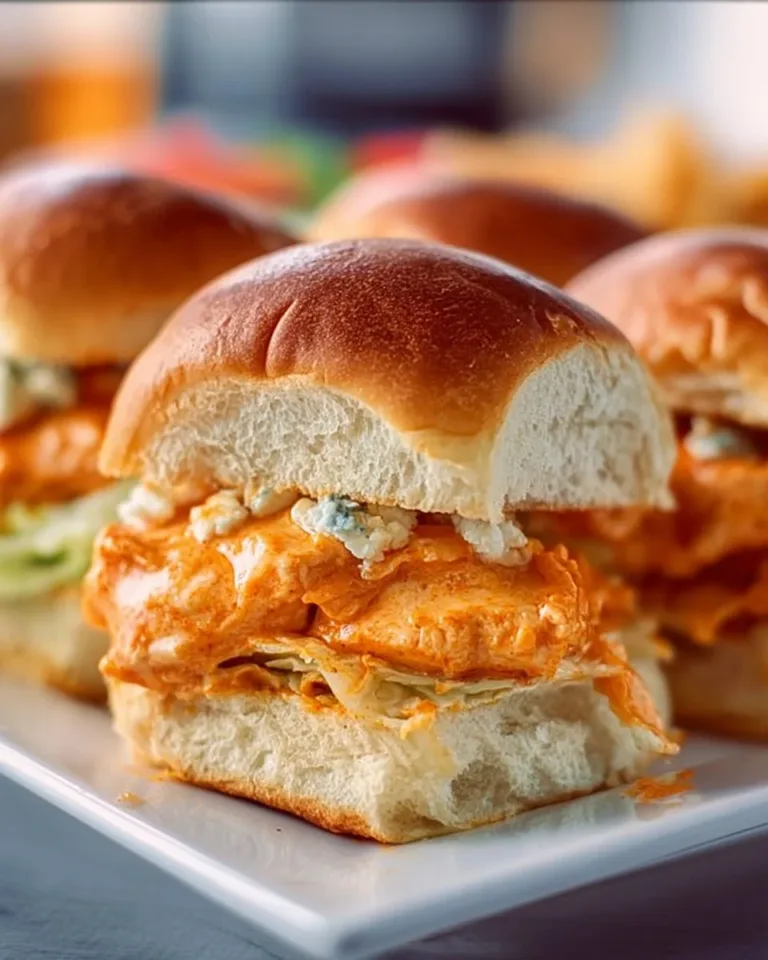 Buffalo Chicken Sliders topped with lettuce and cheese on a platter