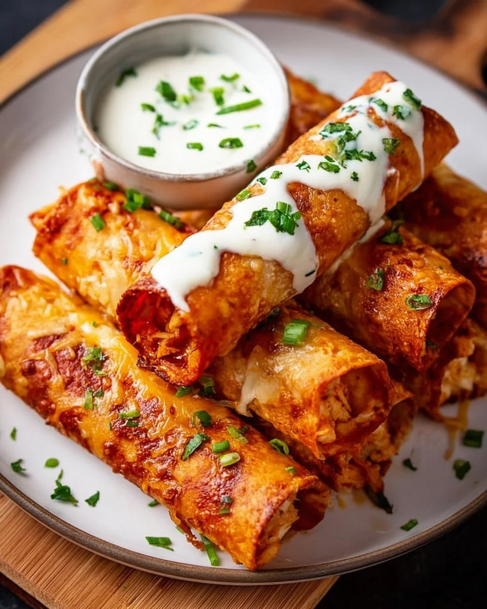 Buffalo Chicken Taquitos served on a wooden platter with dipping sauce