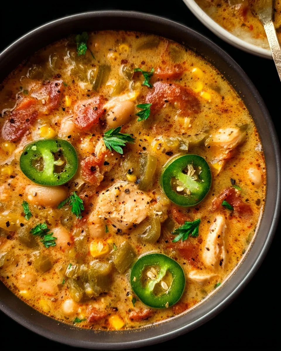 Bowl of Cajun White Chicken Chili garnished with cilantro and jalapeños