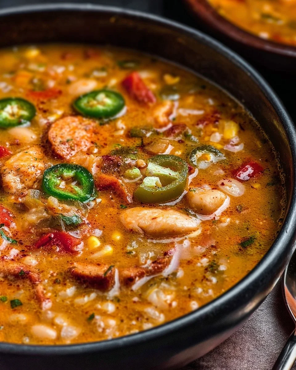 Delicious bowl of Cajun White Chicken Chili topped with fresh herbs and spices