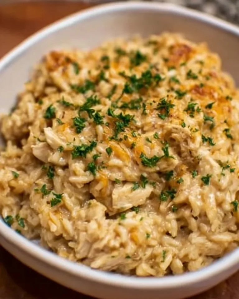 Delicious chicken rice casserole baked to perfection with crisp topping