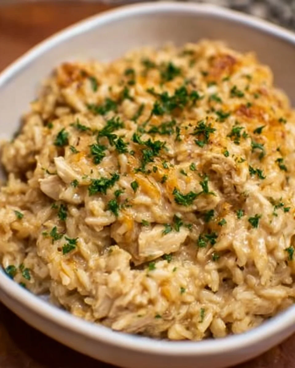 Delicious chicken rice casserole baked to perfection with crisp topping