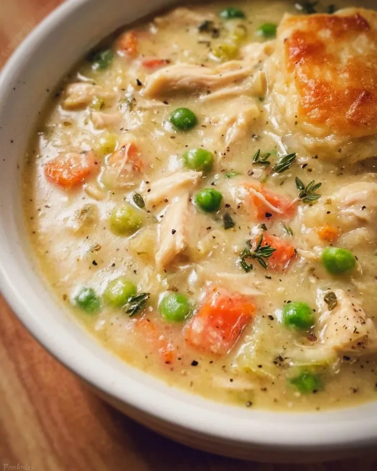 Delicious Chicken Pot Pie Soup in a bowl, garnished with herbs.